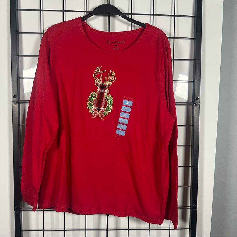 NWT Gloria Vanderbilt Red Holiday Reindeer Long Sleeve Lounge Shirt Women's XL